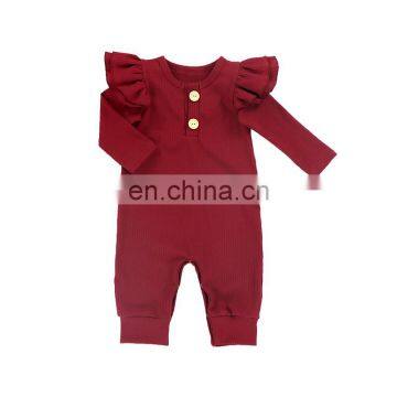 wholesale burgundy ribbed strip  long sleeve with two fly sleeve baby girl romper