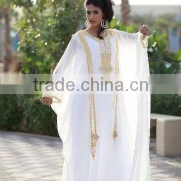 Beautiful White Chiffon With Gold Beaded Evening Dress For Muslim 2014