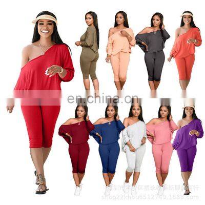 Wholesale Women's Large Size Leaky Shoulder Sexy Two-piece Set Personalized Casual Customized Women's Top Crop S-5XL