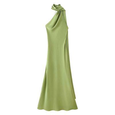 Homemade niche new women's clothing INS spring and summer solid color halter silk satin dress
