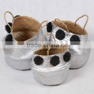 High quality best selling eco-friendly Metallic Silver seagrass baskets wth black pompoms from Vietnam