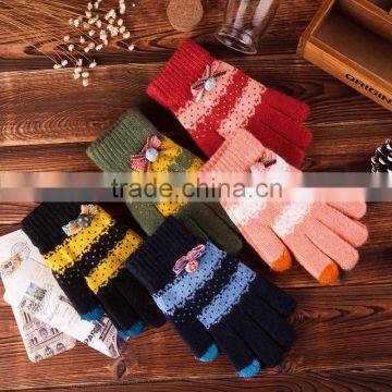 Ribbon buttons knitted gloves fingers fashion ladies gloves, full finger gloves