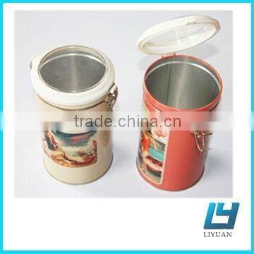 Tall round airtight tin can with pastic lid