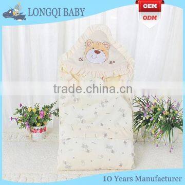 BB-LZ-006 100%cotton muslin hooded baby swaddle wrap blanket with exquisite lace