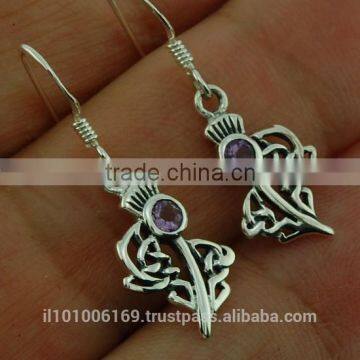 Thistle Silver Earrings set w Amethyst Stone, e295