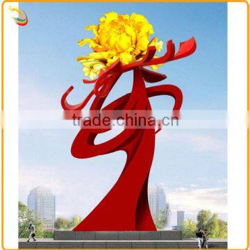 Contemporary Abstract Metal Stainless Steel Flower Sculpture In Red