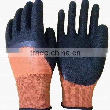 13 gaue orange polyester liner,3/4 latex dipped crinkle working glove