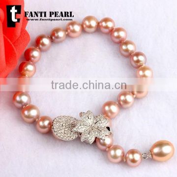 AAA pink color round high quality jewelry bright freshwater pearl bracelet