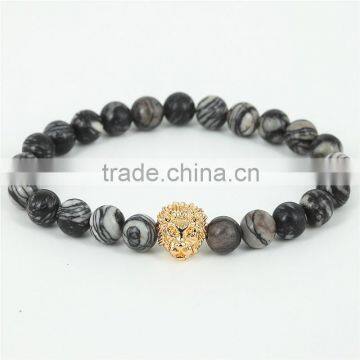 Fashion Newest Lion Bracelet 24K Golden Lion Heads Bracelet Black Web Spider Jasper Stone Bead Bangle for Men