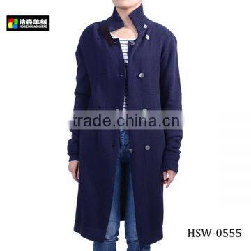 Woman Sweater Navy Long Wool Coat, Ladies Fashion Wool Full-Length Coat