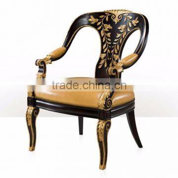 Exquisite Elegant English Style Replica Black and Gold Carving Chair with Leather Seat Cushion BF12-04074b