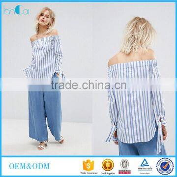 2017 Fashion Stripe And Tie Sleeve Off The Shoulder Top