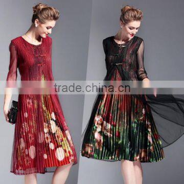 Grace flower printed false two pieces draped retro vintage dress for lady