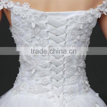 MGOO Stock Off Shoulder Flower Emboridery Beaded Back Straps Crossover Wedding Dress Bride Princess Dress photo-6