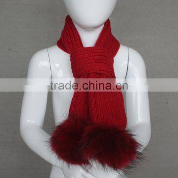 Myfur Children Knitted Ribbed Scarf With 2 Big Size Matched Color Raccoon Fur Pom Pom photo-3