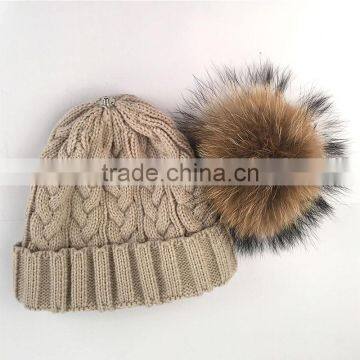 Myfur Cable Knit Hat Wholesale Beanie Cap With Raccoon Fur Pom Poms