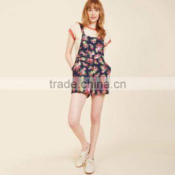 Navy Floral Wide Adjustable Straps Lady's Short Overall With Pockets photo-6