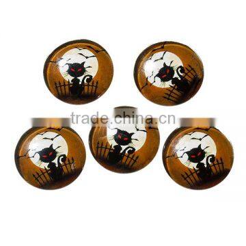 Glass Dome Seals Cabochons Round Flatback Black & Orange Cat Moon Bat Pattern Transparent 20mm Dia