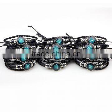 New Virgo Aquarius Capricorn etc DIY Charms Jewelry Alloy Braided Leather Bracelet For Men Women