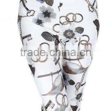 sexy White Flowers Bird Chain Hoop Print skinny Polyester Leggings