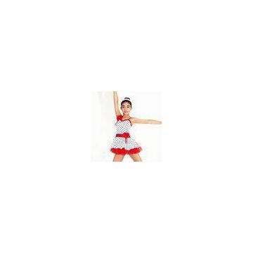 Lycra Kids Dance Clothes Red White Polka Dot Dance Dress With Flowers Trim