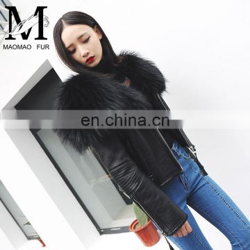 Winter Warm Fashion Real Large Raccoon Fur Collar Sheep Fur Coat / Genuine Merino Sheepskin Women's Leather Coat