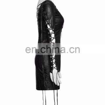 Punk Rave Gothic Fetish Black Slim Synthetic Leather Dress With Deep V-cuts Q-312 photo-2