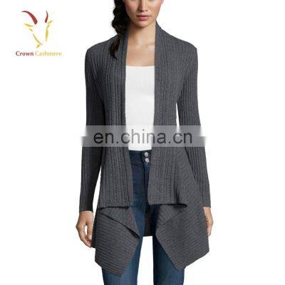 Ladies Waterfall Rib Knitted Cashmere Cardigan Sweater photo-3