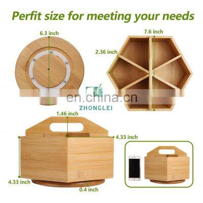 Rotating Pencil Pen Holder With 6 Compartments Bamboo Art Supply Organizer Office Supplies Desktop Storage Caddy With Handle