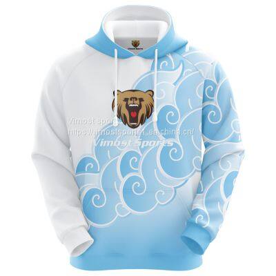 Light Blue and White Customized Sublimation Hoodie Hood with White Strings