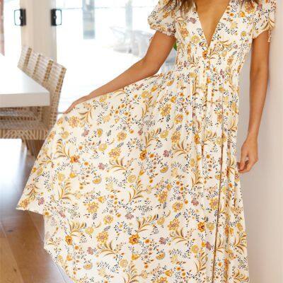 Womens Casual Summer Floral Print Shirred Waist Wrap Flowy Long Dress photo-2