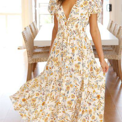 Womens Casual Summer Floral Print Shirred Waist Wrap Flowy Long Dress photo-5
