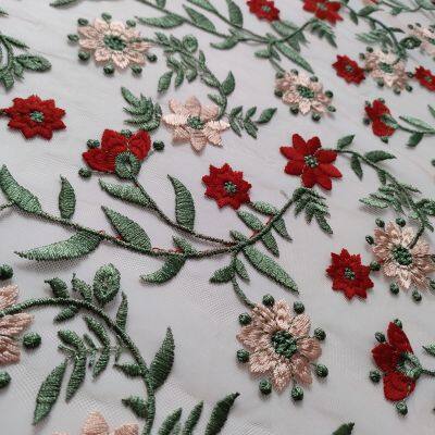 XF6056 Floral Embroidered Fabric Colorful Plants Tulle Embroidery Fabric