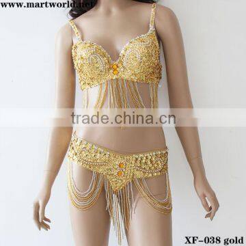 gold tassel sequin rhinestone costumes(XF-038 gold)