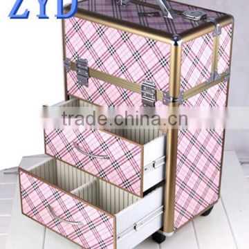 Aluminum rolling beauty train box with drawers aluminum trolley makeup artist case ZYD