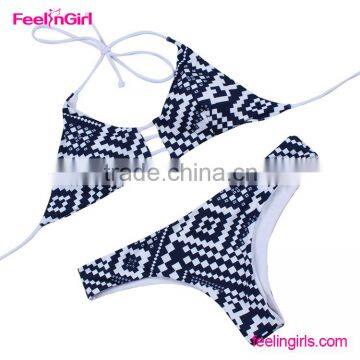 New Latest Black And White Tartan Design Crotchless Bikinis