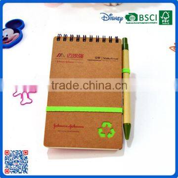 Promotional printed craft paper spiral recycled notebook with pen for office stationery