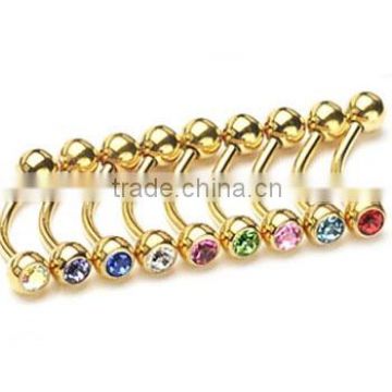 Gold Plated Long Eyebrow Ring With Jewelled Balls