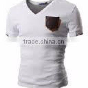 Mens V-Neck T-shirts With Contrast Leather Pocket photo-2