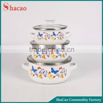 3 Pcs Butterflies Enamel Cookware Set With Decoration And Glass Lid