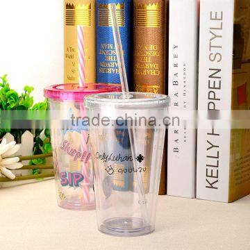 2016 New Fashion Luxury 500ml Double Wall Insulated Beach Plastic Cup With Straw photo-2