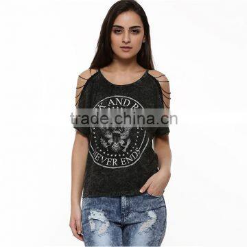 2015 new stylish girls personalized chain string sleeve t shirt, short sleeve black t shirt