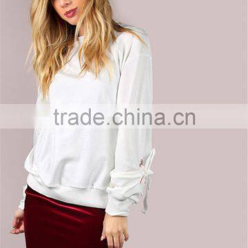 MGOO Plain White Women Sweatshirt Long Sleeve Blank Eyelet Ribbon Tie Pullover Ivory photo-4