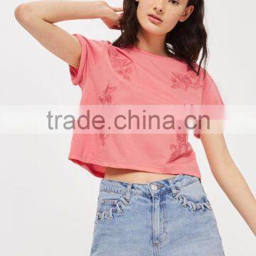 MGOO High Quality 100% Cotton Cuffed Short Sleeves Tank Top Womens Custom Floral Embroidered Crop Top photo-3