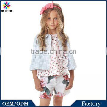 3PCS Peony Print White Short Sweat Pants,Flower Print Sleeveless Kids Shirts,3\4 Sleeve Blue Plaid Sweet Girls Bomber Jacket Kid