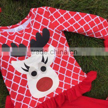 Baby Clothes Winter/fall Boutique Red Grid Ruffle Outfits Girls Reindeer Sets Christmas Outftis With Necklace and Headband photo-3