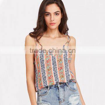 Fashion Floral Striped Double V-neck Top, Ladies Sexy Cami Top photo-2