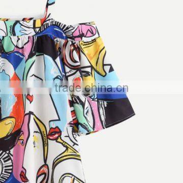 2017 New Designs Off Shoulder Printed Character Pattern Ladies Short Sleeve Blouses photo-3