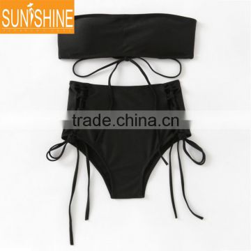 Fashion Solid Black Lace Up Bandage Bikini Swimwear Seamless Bandeau Bikini Top