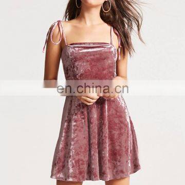 Backless Party Velvet Mini Cami Dress featuring self-tie straps, with a square neckline